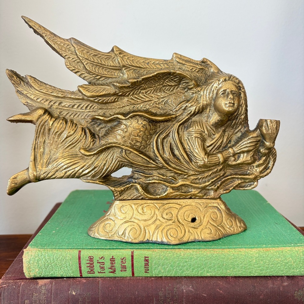 Vintage Brass Winged Angel Figurine Candle Holder Made in India 7.5 Inch